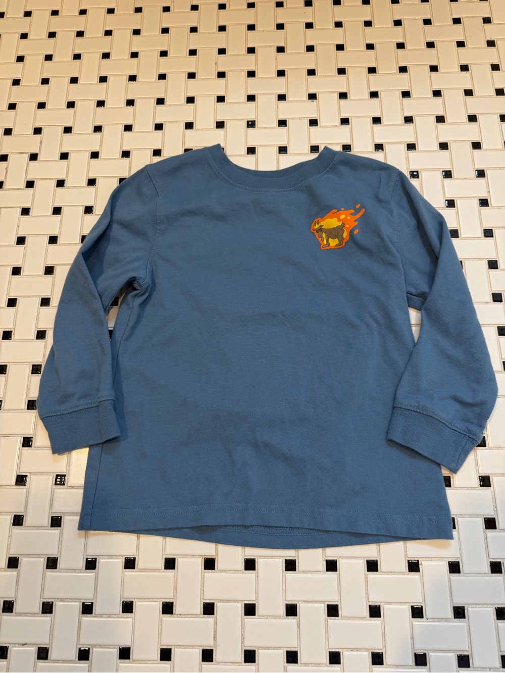 Blue Long-Sleeve Kids Tee with Flame Bear Patch